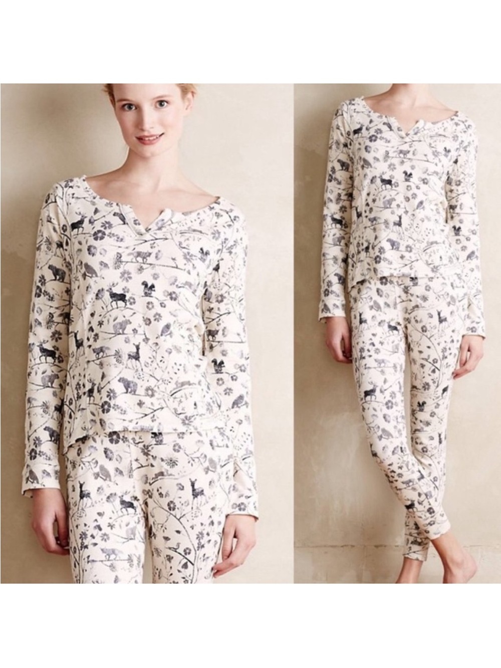 Anthropologie E by Eloise Floral Woodland Animal Thermal Pajama Set S / M